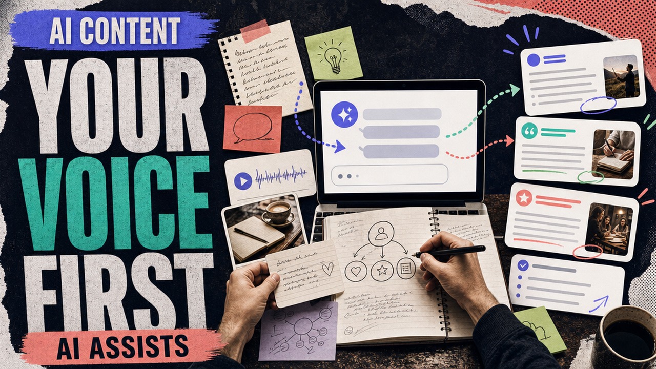 Human-led editorial cover showing AI content guided by a real voice first, with notes, coffee, and writing tools.