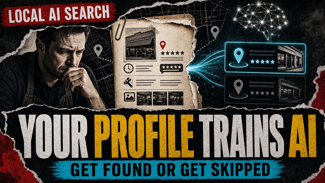 Rugged editorial cover reading LOCAL AI SEARCH, YOUR PROFILE TRAINS AI, GET FOUND OR GET SKIPPED.